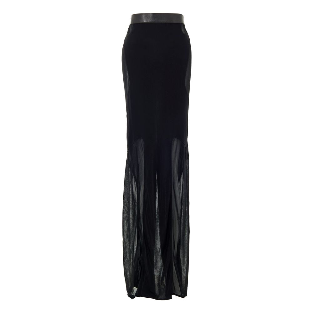 Tom Ford Black Viscose Long Skirt with sheer organza-effect, leather waistband, and maxi slit.