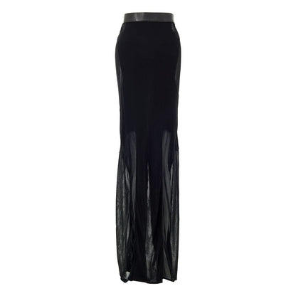 Tom Ford Black Viscose Long Skirt with sheer organza-effect, leather waistband, and maxi slit.