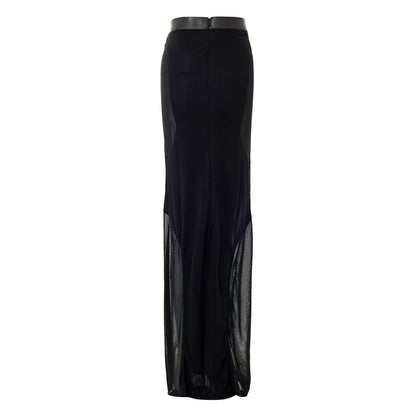 Tom Ford Black Viscose Long Skirt with sheer organza-effect, leather waistband, back slit, and zip closure
