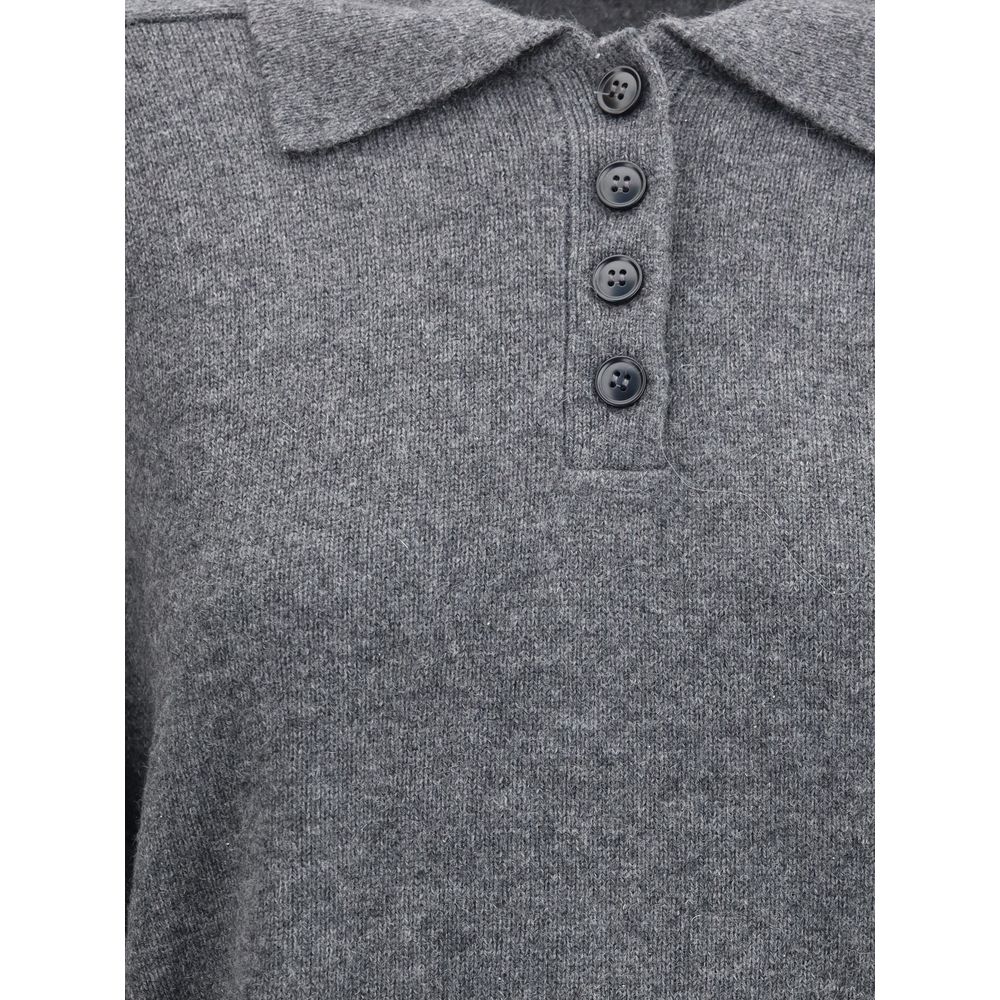 Loulou De Saison Gray Cashmere Cashmere Sweater with ribbed collar and button closure detail, designed for elegance and comfort.