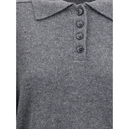Loulou De Saison Gray Cashmere Cashmere Sweater with ribbed collar and button closure detail, designed for elegance and comfort.