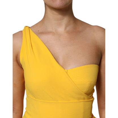 Dolce & Gabbana Yellow One Shoulder Side Slit Sheath Dress close-up showcasing neckline and fabric texture