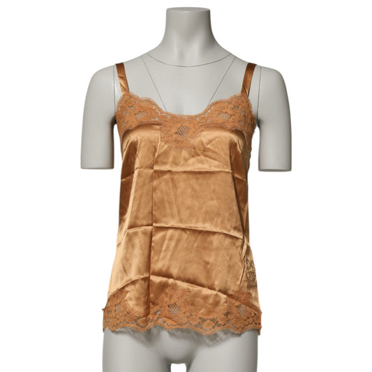 Dolce & Gabbana Brown Floral Lace Silk Satin Tank Lingerie Underwear with heart-shaped neckline on mannequin.