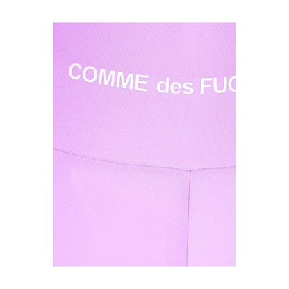 Detail view of Comme Des Fuckdown Purple Polyester Short with logo print on stretch lycra biker shorts.