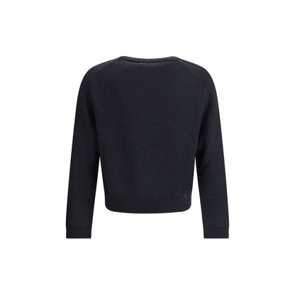 Back view of Our Legacy Blue Merino Wool Sweatshirt with off black rustic merino, plain knit, saddle sleeves, and ribbed detailing.