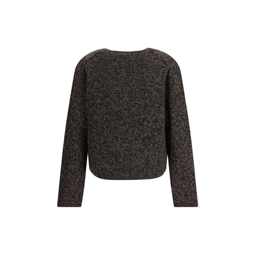 Back view of Our Legacy Brown Wool Cardigan in Bear Twist Mouline, featuring a relaxed fit with V-neck and ribbed cuffs, premium Italian yarn.