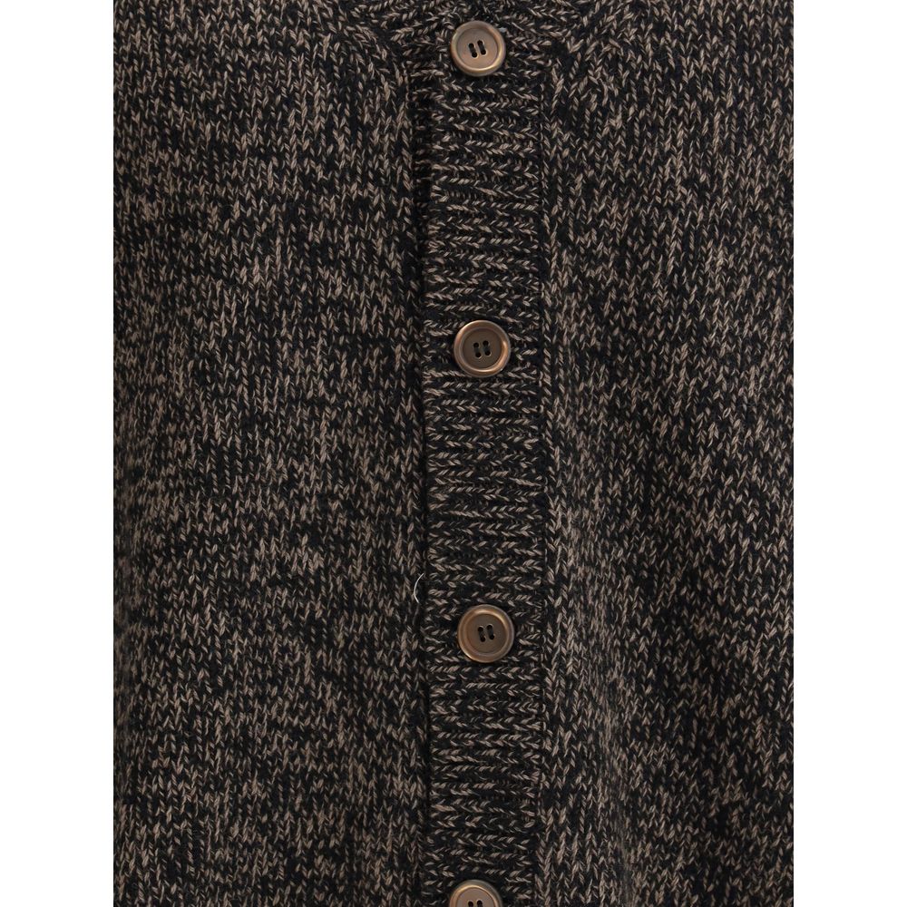 Our Legacy Brown Wool Cardigan with ribbed placket and mother-of-pearl buttons, crafted from Italian superfine Yarn for a relaxed fit.