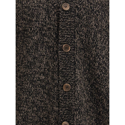 Our Legacy Brown Wool Cardigan with ribbed placket and mother-of-pearl buttons, crafted from Italian superfine Yarn for a relaxed fit.