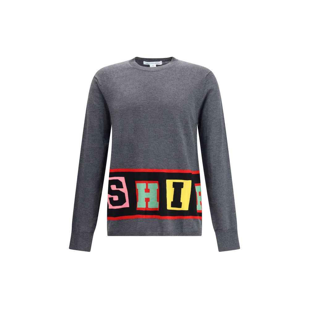 Comme Des Garçons Gray Marabou Sweatshirt with colorful lettering and long sleeves, perfect for a contemporary and minimalist style.
