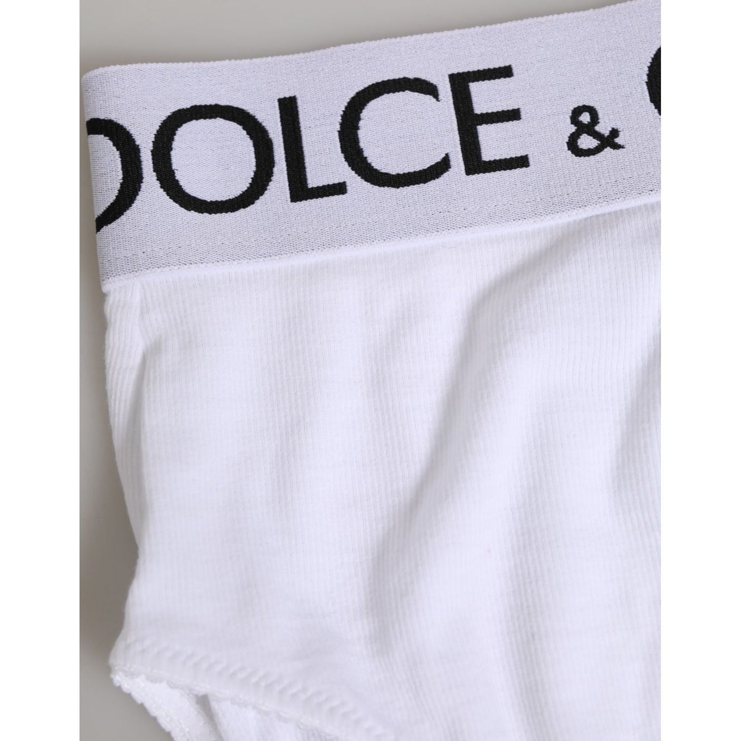 Dolce & Gabbana White Cotton Stretch High Waist Panty Underwear with logo waistband, offering elegance and comfort.