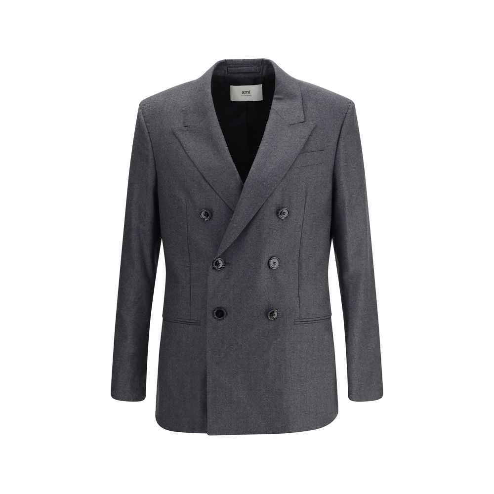 Ami Paris Gray Fleece Wool Blazer, double-breasted with classic lapels, made from anthracite virgin wool for formal and business outfits.