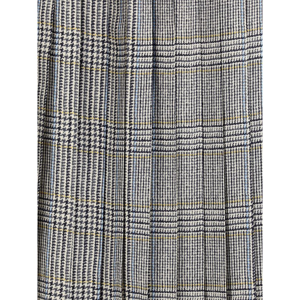 Thom Browne Multicolor Silk Midi Skirt, elegant tweed pattern close-up with signature grosgrain tab for a timeless AW25 look.