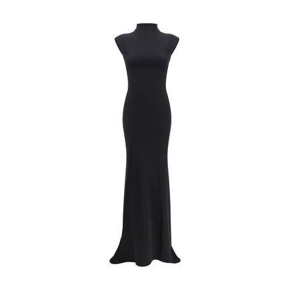 Jacquemus Black Viscose Cocktail Dress with high neckline, cap sleeves, and floor-length silhouette.
