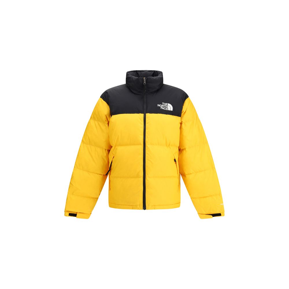 The North Face Yellow Polyamide Shell Jacket with high collar, removable hood, and contrasting logo in yellow-and-black colorway.