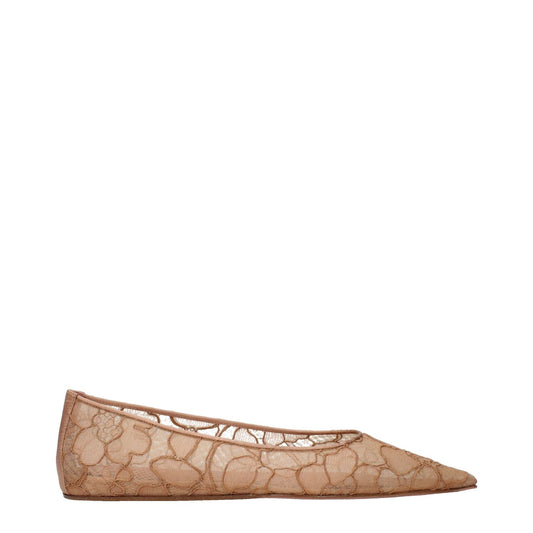 Amina Muaddi Beige Fabric Ballet Flats with lace design, product code F84599, side view of stylish women's footwear.