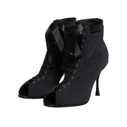 Dolce & Gabbana Black Stiletto Heels Lace Up Boots Shoes