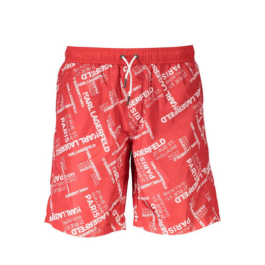 Karl Lagerfeld Red Polyester Swimwear, Long Beach Boxer with 2 pockets, back pocket, slip inside, laces, contrasting details, logo.