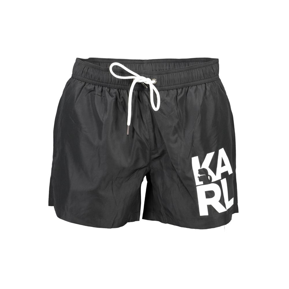 Karl Lagerfeld Black Polyester Swimwear with logo, featuring short swim boxer design, two pockets, contrasting details, and laces.