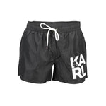 Karl Lagerfeld Black Polyester Swimwear with logo, featuring short swim boxer design, two pockets, contrasting details, and laces.