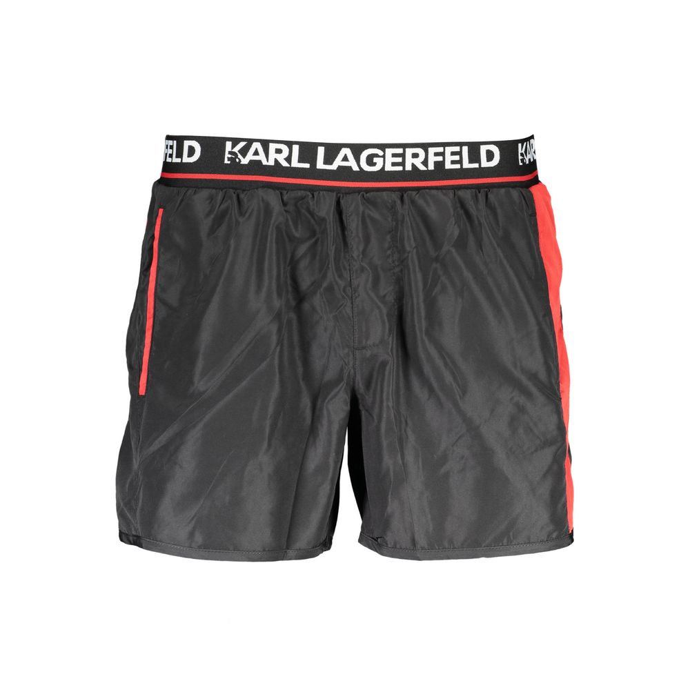 Karl Lagerfeld Black Polyester Swimwear, short swim boxer with elastic waist, contrasting details, logo waistband, and pockets.