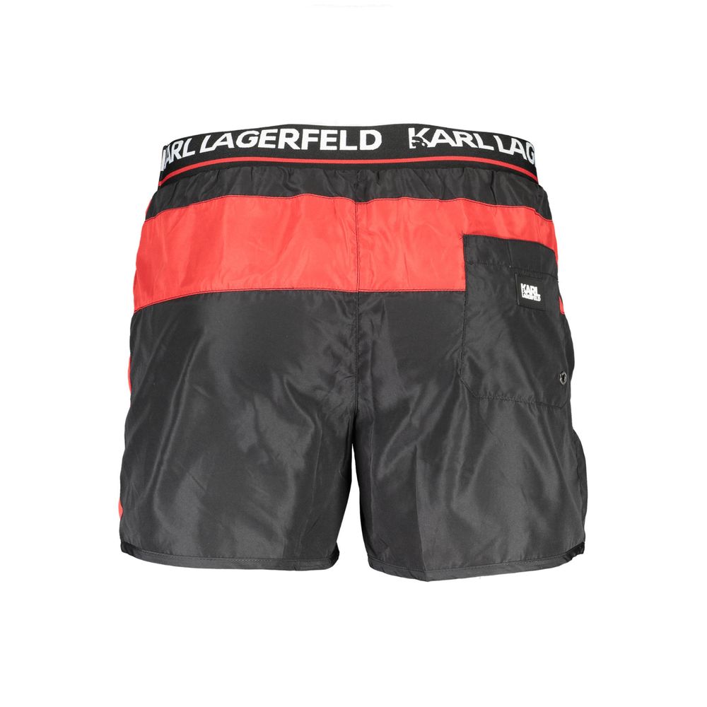 Karl Lagerfeld Black Polyester Swimwear, men's short swim boxer with elastic waist, two side pockets, and logo detailing.