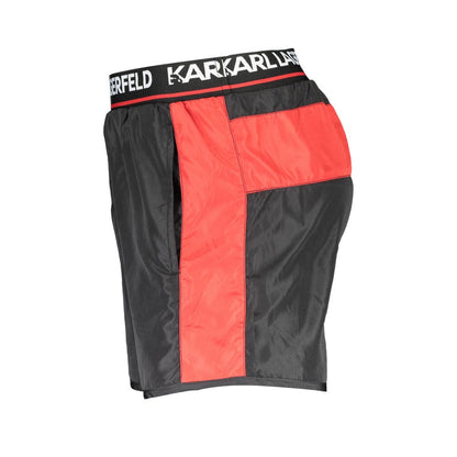 Karl Lagerfeld Black Polyester Swimwear with elastic waist, contrasting red details, and logo waistband.
