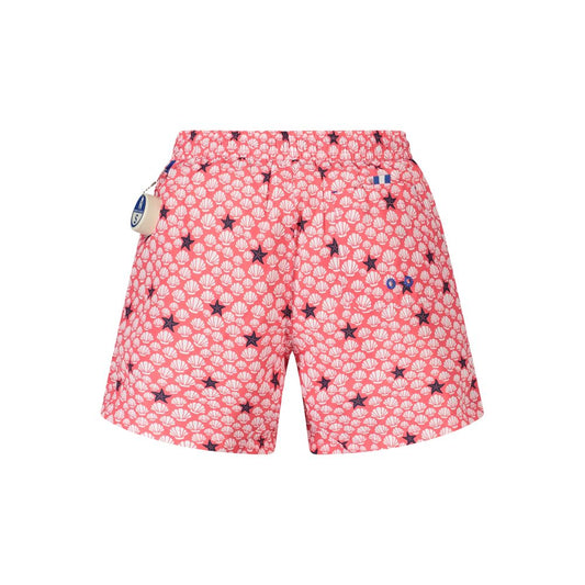 North Sails Red Polyester Swimwear, patterned swim boxer with elastic waist, laces, pockets, and ocean-positive logo application.