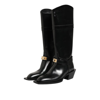 Dolce & Gabbana Black Logo Plaque Over The Calf Boots Shoes
