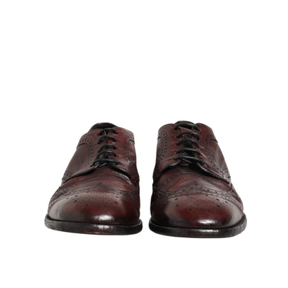 Dolce & Gabbana Bordeaux Leather Lace Up Dress Derby Shoes front view showcasing luxurious calf leather finish.