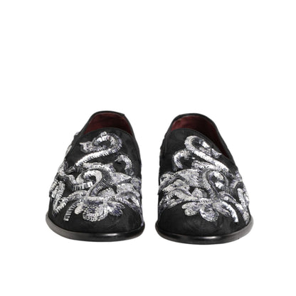 Dolce & Gabbana Black Silver Sequined Loafers Men Dress Shoes