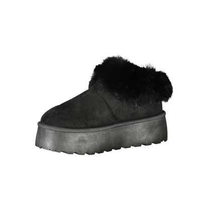 Laura Biagiotti Black Polyester Women Sneaker with fur detail and 4 cm wedge heel, featuring the iconic logo for a stylish look.