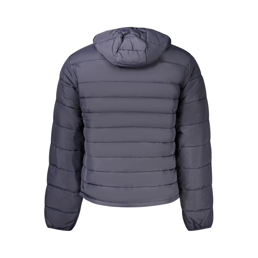 Back view of Napapijri Blue Polyamide Men's Jacket, featuring a hood and quilted design for stylish and eco-conscious outerwear.