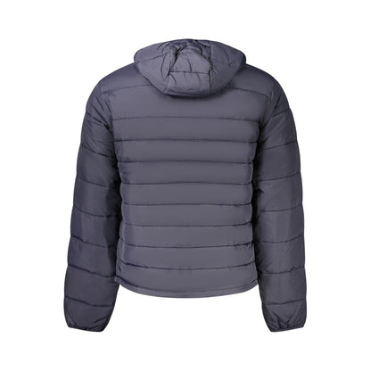 Back view of Napapijri Blue Polyamide Men's Jacket, featuring a hood and quilted design for stylish and eco-conscious outerwear.