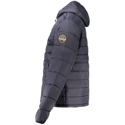 Napapijri Blue Polyamide Men's Jacket, eco-conscious design, side view with hood and brand patch, perfect blend of style and function.