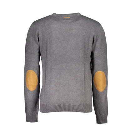 Gianmarco Venturi Gray Cotton Sweater, long-sleeved crew neck with embroidery and logo, featuring stylish elbow patches.