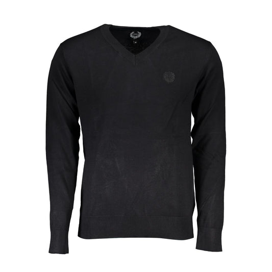 Gianmarco Venturi Black Viscose Sweater with long sleeves, V-neck, and embroidered logo.