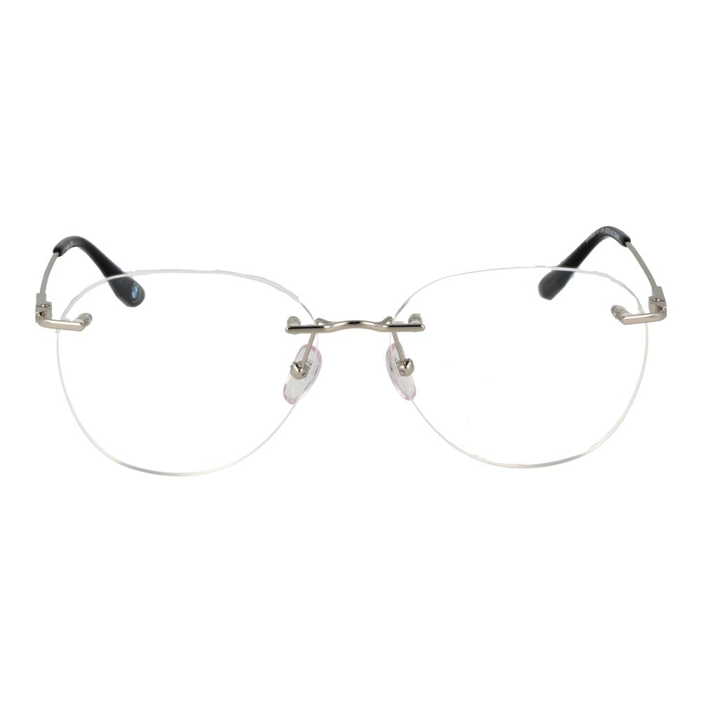 Front view of BMW Silver Titanium Glasses (Frames) in a bottom-rim style, showcasing silver titanium frame and demo lenses. Size: 56-15-145.