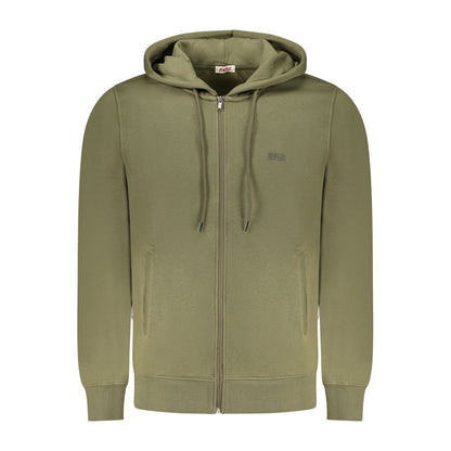 Rifle Green Cotton Men Sweater with hood, zip closure, and embossed logo, featuring practical pockets for casual elegance.