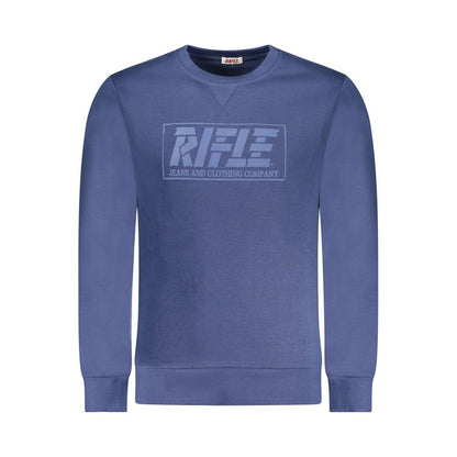 Rifle Blue Cotton Men Sweater with bold print and Rifle logo, long-sleeved crew neck for trendy style and comfort