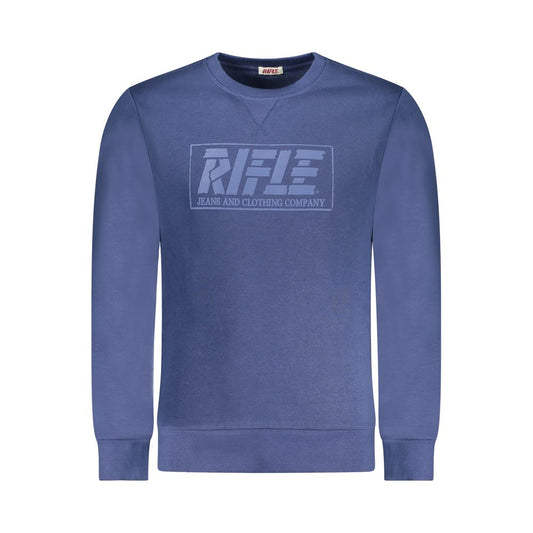 Rifle Blue Cotton Men Sweater with bold print and Rifle logo, long-sleeved crew neck for trendy style and comfort