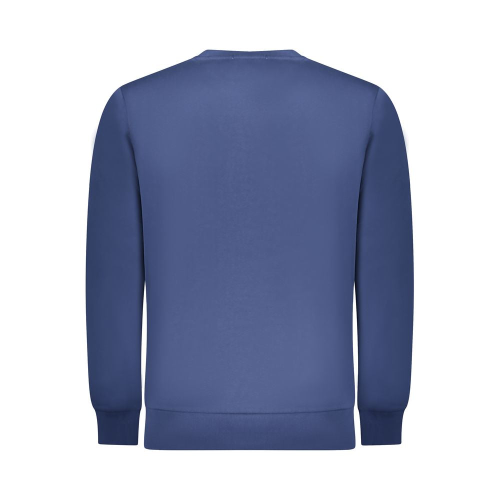 Back view of Rifle Blue Cotton Men Sweater showcasing stylish long-sleeves and crew-neck design, perfect for modern trendsetters.