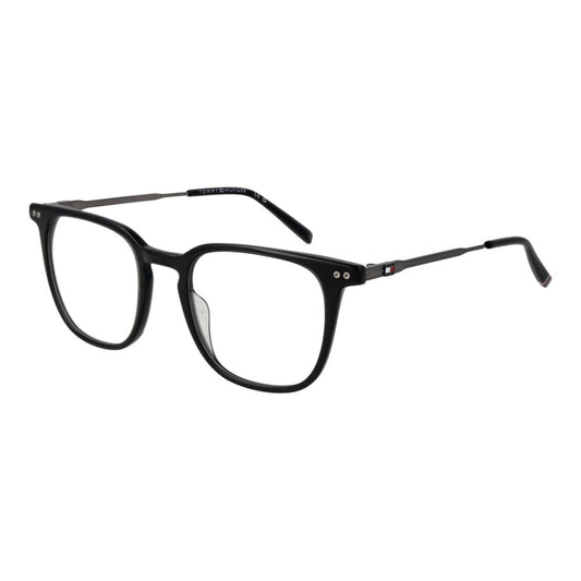 Tommy Hilfiger Black Acetate Glasses (Frames), full-rim black rectangle design, demo lenses, size 50-21-145, for men.