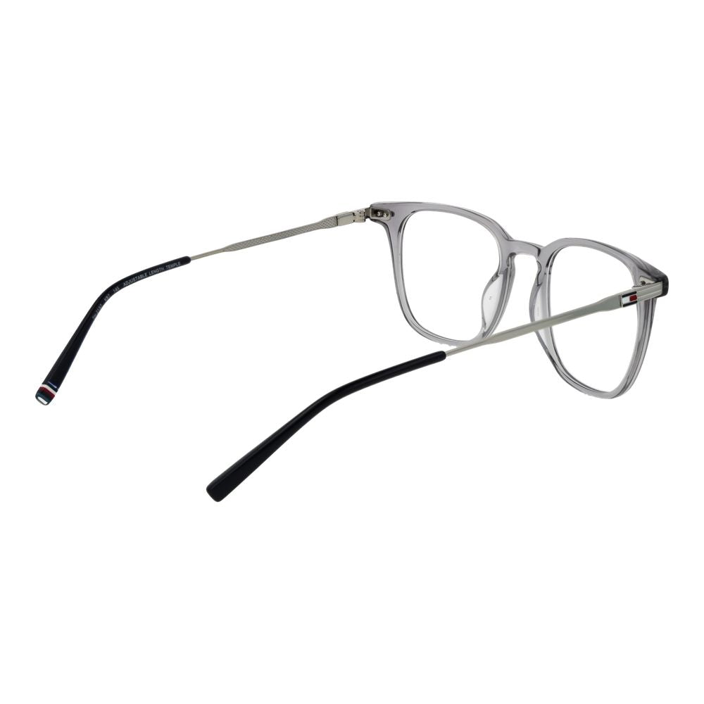 Tommy Hilfiger Gray Acetate Glasses (Frames) for men, full-rim rectangle style with branded case, demo lenses, no spring hinge, acetate material.