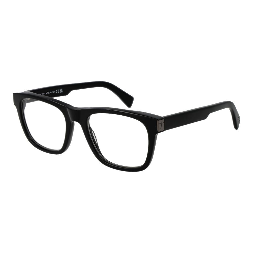 Tod's Black Acetate Glasses (Frames) for men, full-rim rectangle style with demo lenses, acetate material, includes branded case.