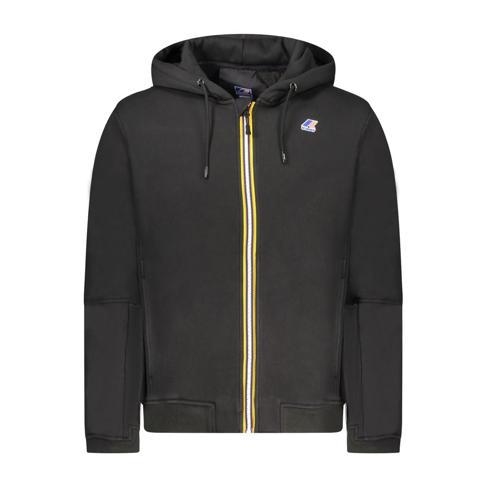 K-WAY Black Cotton Men Sweater with hood and zip closure, featuring a logo and contrasting details for trendy casual wear.