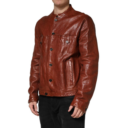 Dolce & Gabbana Brown Leather Button Down Men Biker Jacket