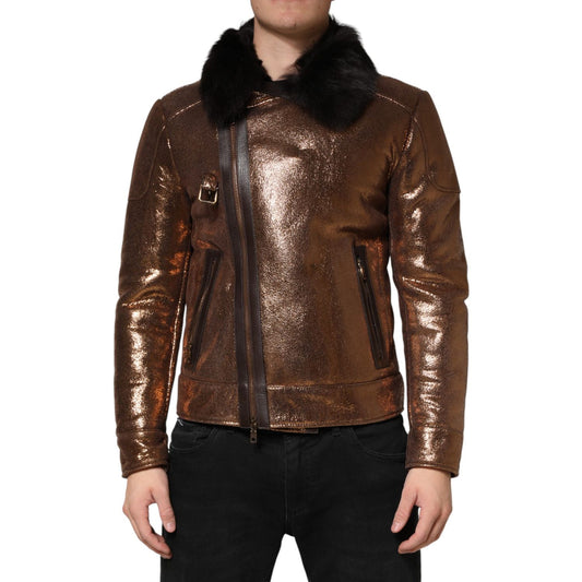 Dolce & Gabbana Bronze Leather Fur Full Zip Men Biker Jacket