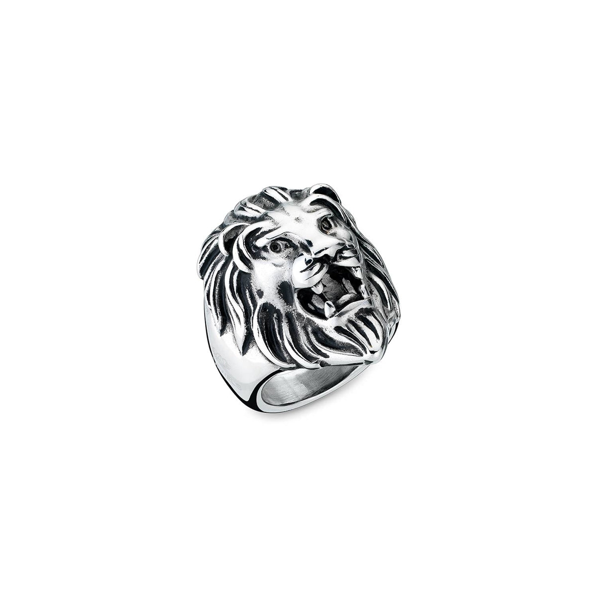 Silver lion head ring from AN JEWELS JEWELRY Mod. AA.ALION1-10 collection, showcasing intricate detailing and bold design.