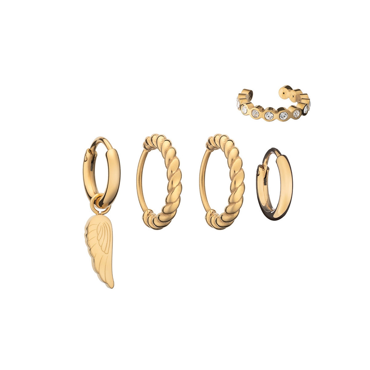 Assorted gold earrings set featuring AN JEWELS JEWELRY Mod. AB.EP050 design with wing charm and gemstone studs.