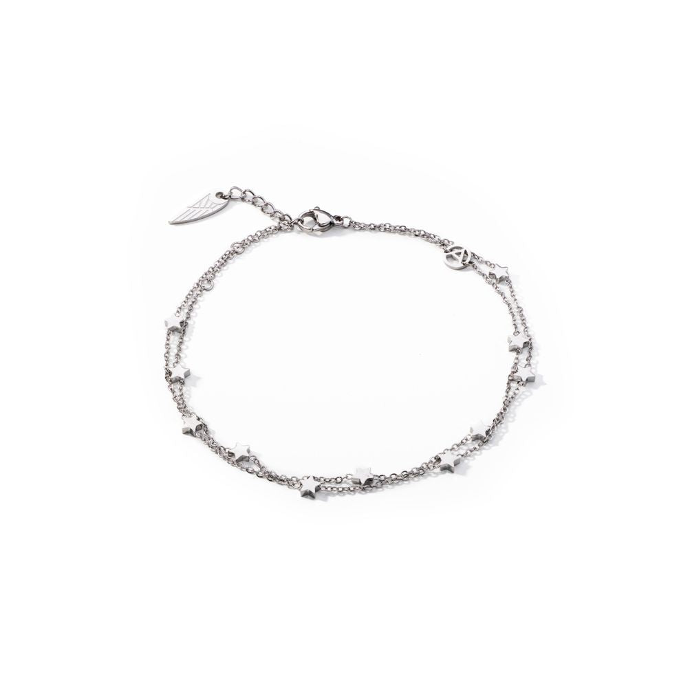 Delicate silver ankle bracelet by AN JEWELS JEWELRY Mod. AL.BANKLE05, featuring star charms on a double chain.